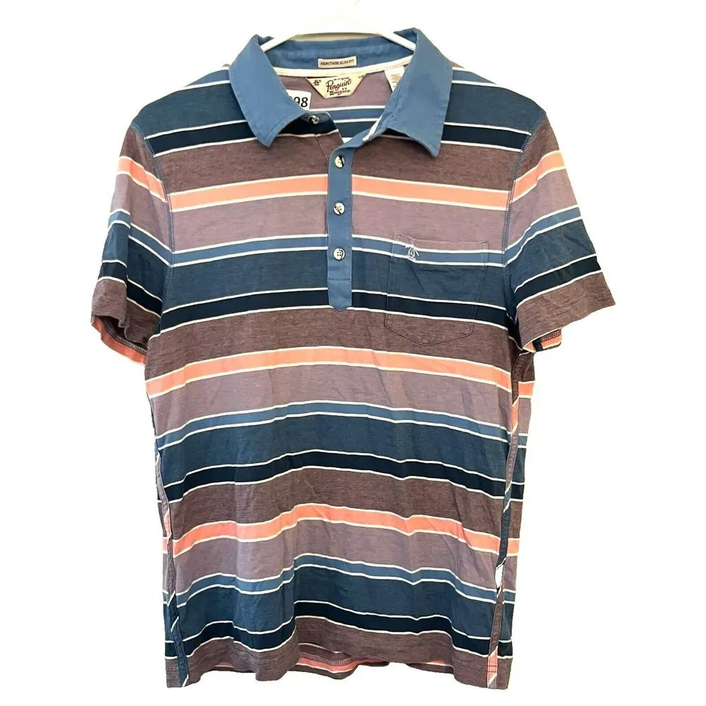 Penguin Boys Pink Blue Striped Polo Shirt L Heritage Slim Fit Short  Preppy